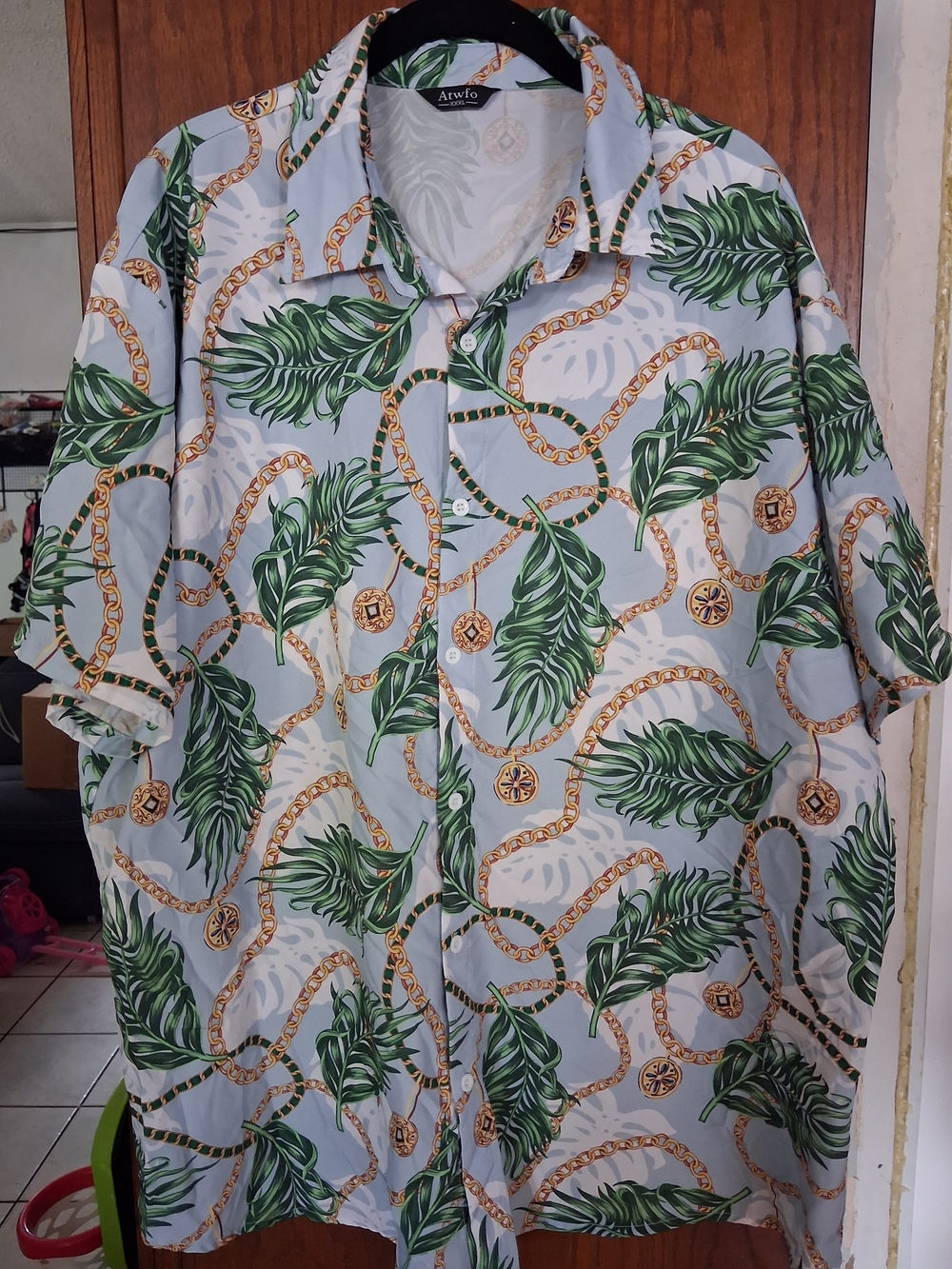 Atwfo Tropical Chain & Leaf Button-Up Shirt - Light Blue, Green, Gold